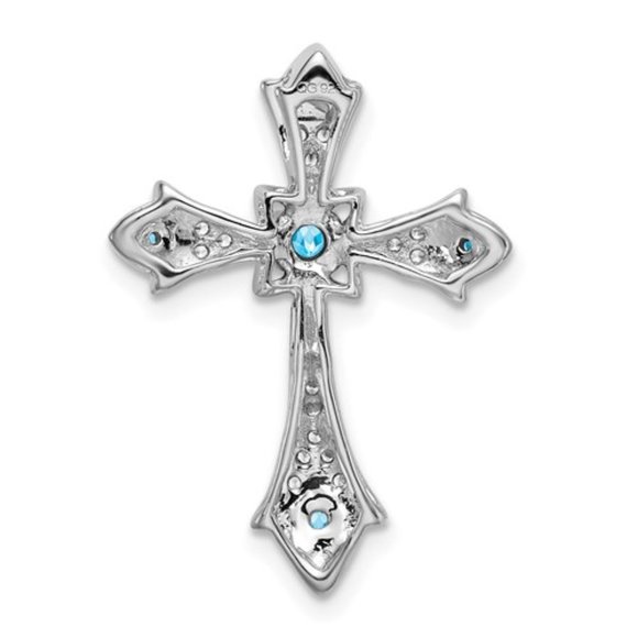 14k White Gold Blue Topaz & Diamond Fleur De Lis Cross Chain Slide Pendant - Picture 4 of 4